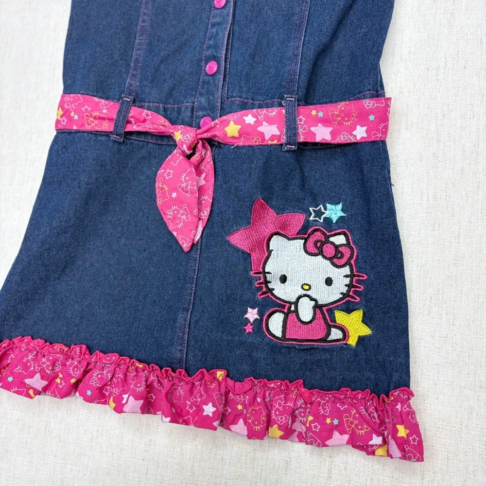 Hello Kitty Girls Denim Shirt Dress Blue Pink Ruffle Embroidered Size 12 Y2K